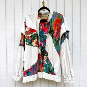 Vintage White Leather Jacket with Abstract Pattern